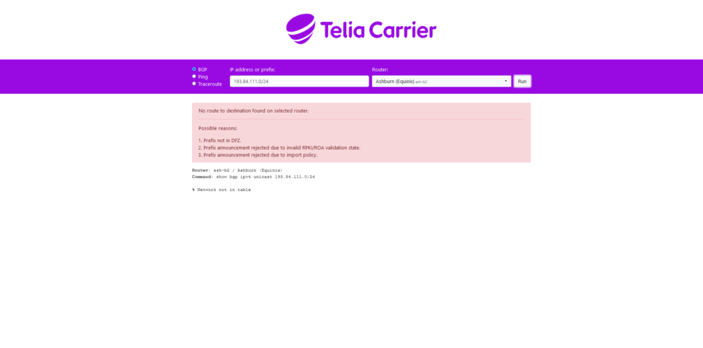 Screenshot of Telia Looking Glass webpage.