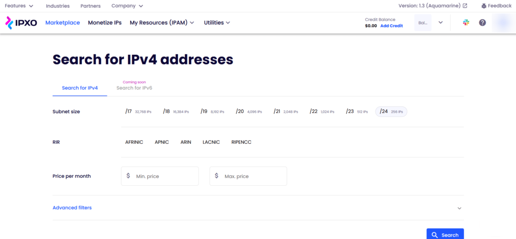 Search for IPv4 addresses search tool in the IPXO Marketplace Portal.