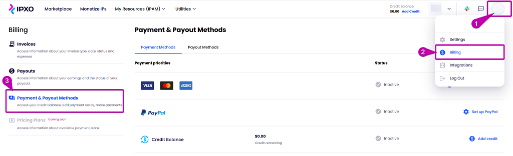 Three steps showing how to access Payment & Payout Methods menu in IPXO.