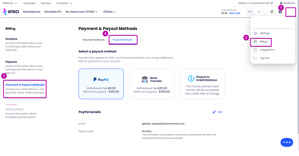 Payment & Payout Methods menu in the IPXO Marketplace portal.