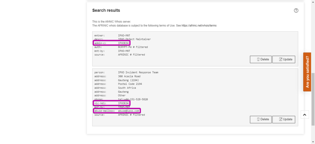 Admin-c, nic-hdl and abuse-mailbox fields highlighted in AFRINIC search.