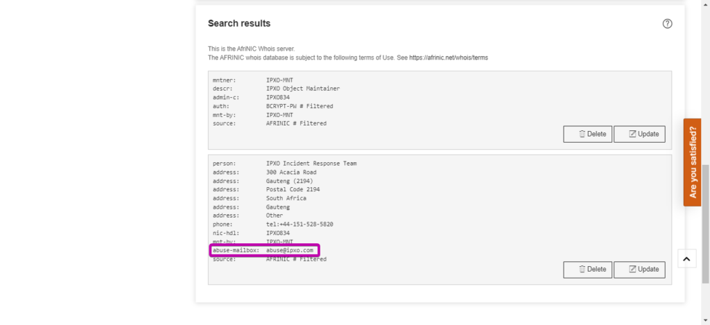 Abuse-mailbox field highlighted in AFRINIC search results.