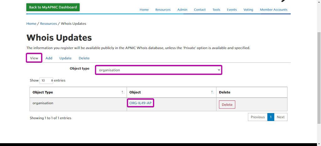 View tab, Object type and Object name highlighted in APNIC's Whois Updates.