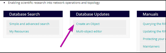 An arrow pointing to Create and Object menu shortcut in RIPE Database.