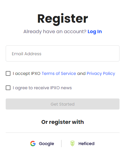IPXO Portal Register form with an email address field. 