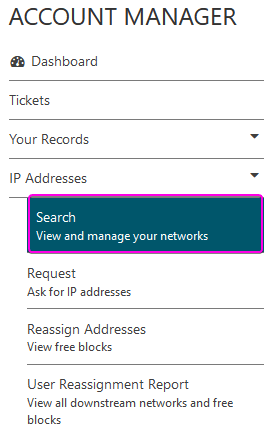 Search menu shortcut highlighted in ARIN's Account Manager Dashboard.