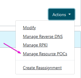 ARIN's Actions menu expanded with Manage Resource POCs link highlighted.