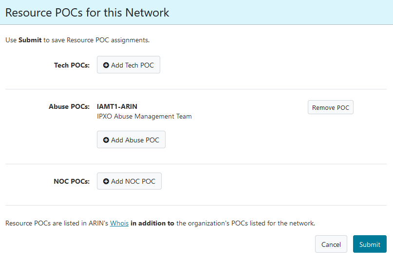 ARIN's Resource POCs for this Network menu.