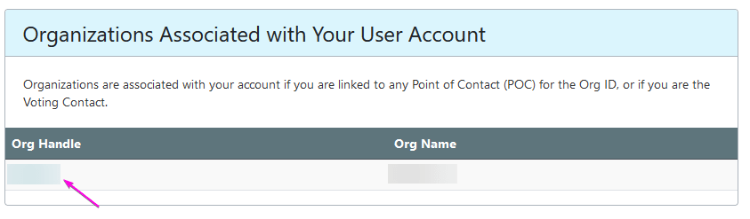 Org Handle list in ARIN's Organizations Associated with Your User Account menu.