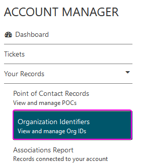 Organization Identifiers menu shortcut highlighted in ARIN's Account Manager Dashboard.