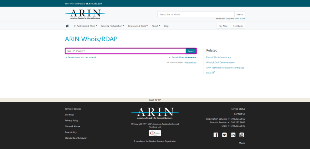 Example of subnet in ARIN Whois/RDAP search engine.