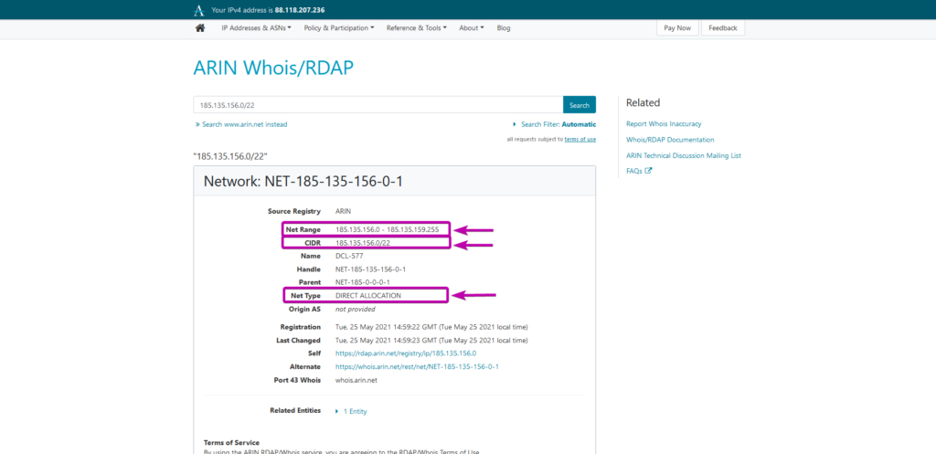 Net range, CIDR and net type highlighted in ARIN Whois/RDAP search results.