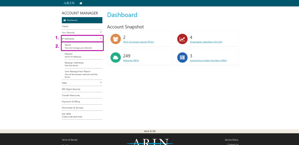 IP Addresses and Search menus highlighted in the ARIN Dashboard.