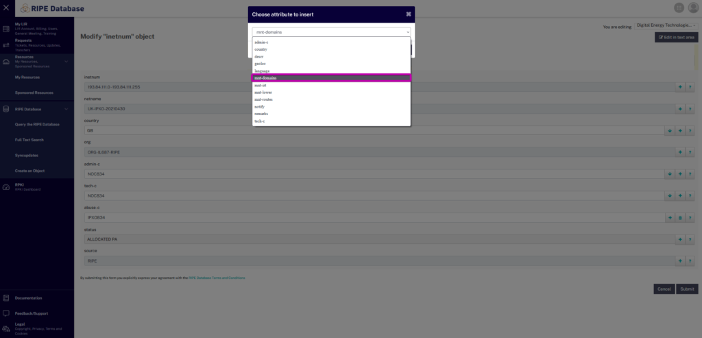 Mnt-domains option highlighted in the Choose attribute to insert drop-down menu.