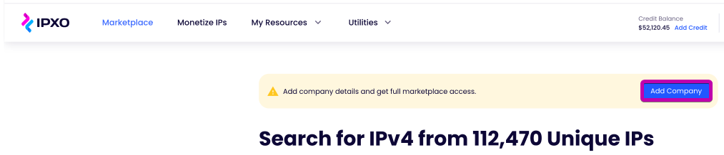 Add Company button highlighted in IPXO's Portal.