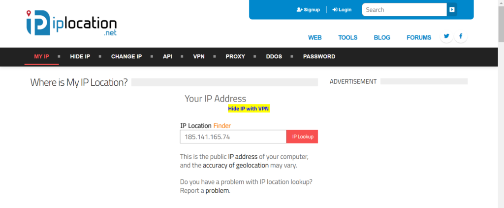 The interface of iplocation.net with the IP Location Finder search engine.