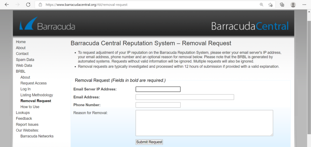Removal Request form the Barracuda Reputation Block List (BRBL).