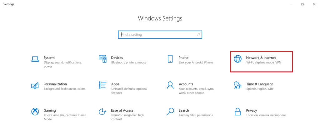 Network & Internet menu highlighted in the Windows Settings menu.