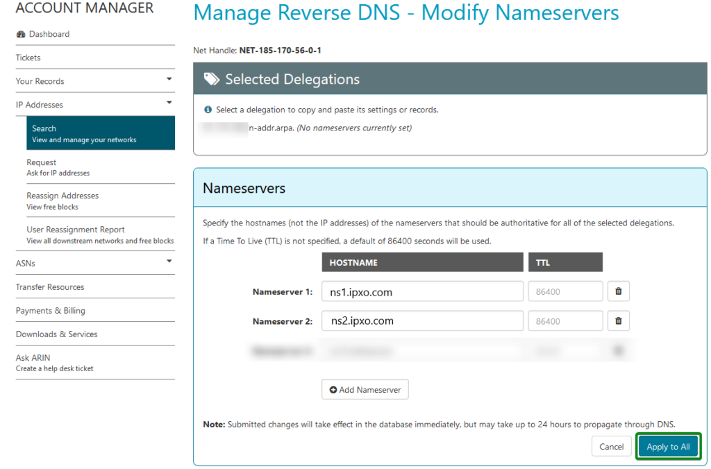 Nameservers list and Apply to All action button in ARIN's Account Manager.