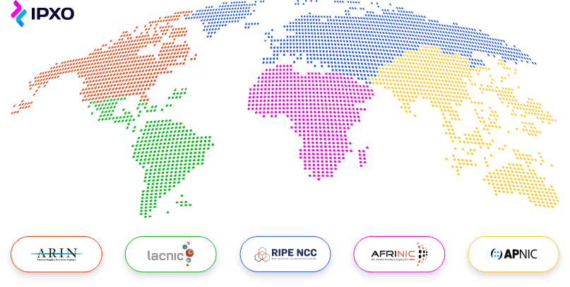 Regional internet registry regions on a map.