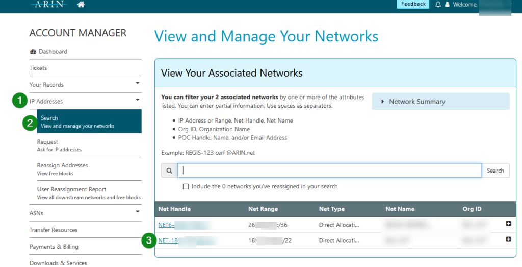View and Manage Your Networks menu in ARIN's Account Manager.