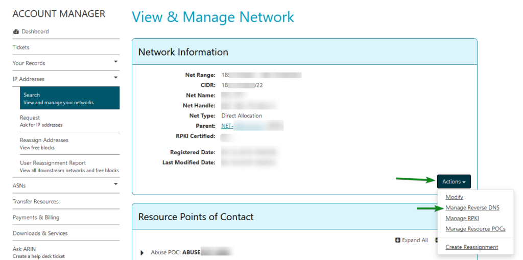 Actions menu under Network Information in ARIN's Account Manager.