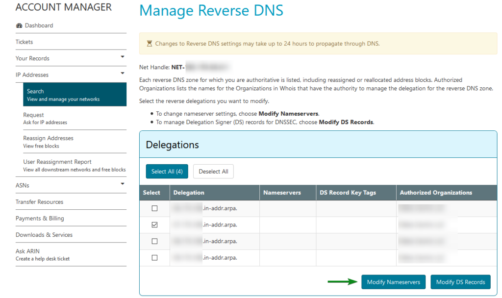 Delegations list and Modify Nameservers actions button in ARIN's Account Manager.