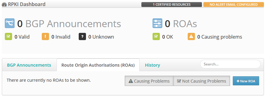 Route Origin Authorizations (ROAs) tab without ROAs in the RPKI Dashboard.