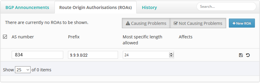 ROAs tab with AS number, prefix and most specific length in the RPKI Dashboard.