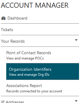 Organization Identifiers menu shortcut highlighted in ARIN's Dashboard.