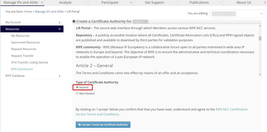Hosted type of certificate authority selected in RIPE's Resources menu.