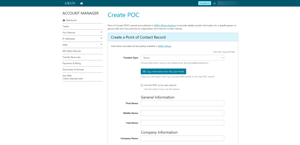 Create POC menu in ARIN's Account Manager Dashboard.