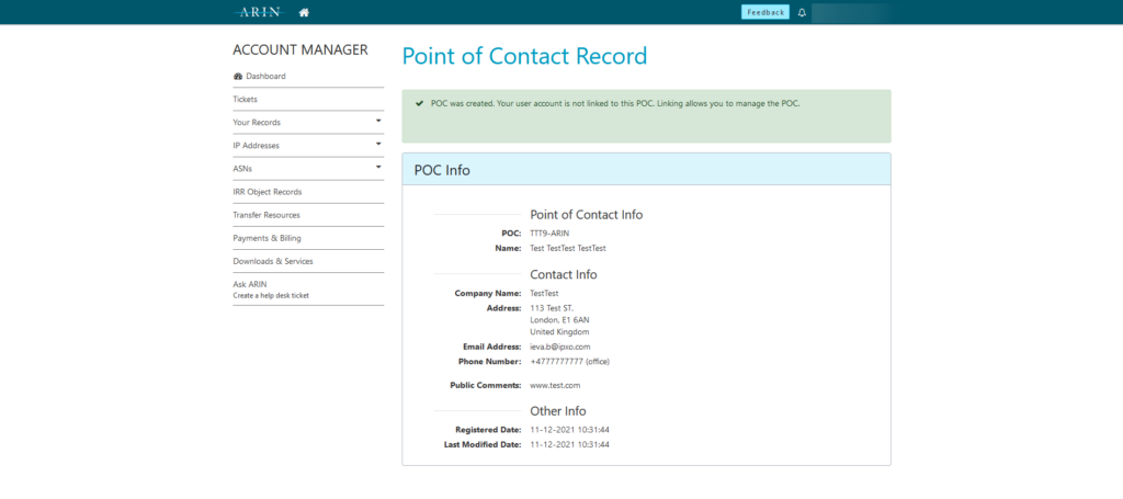 An example of POC Info in ARIN's Account Manager Dashboard.