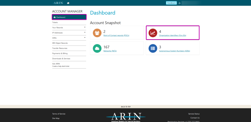 Organization Identifiers (Org IDs) menu highlighted in ARIN's Account Snapshot menu.