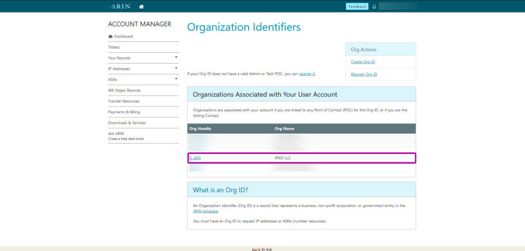 An example of an Org Handle highlighted in ARIN's Account Manager Dashboard.