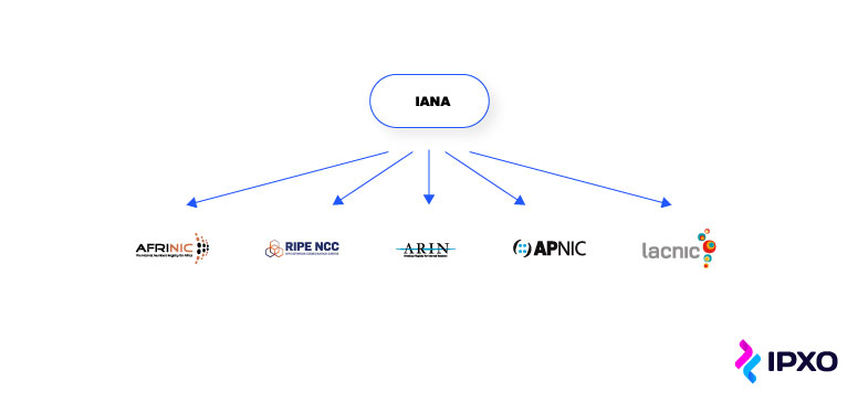 Chart of IANA allocating internet resources to 5 regional internet registries.