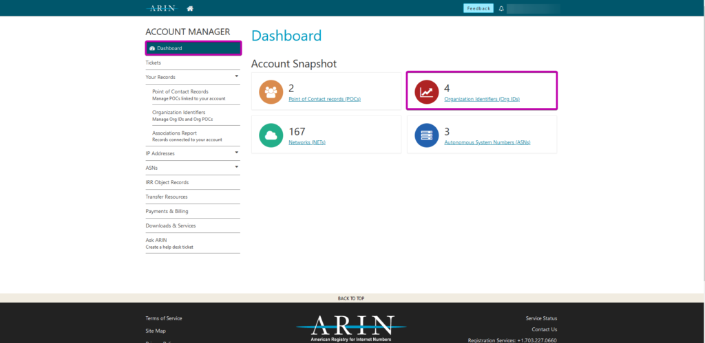 Account Snapshot menu in ARIN's Dashboard.