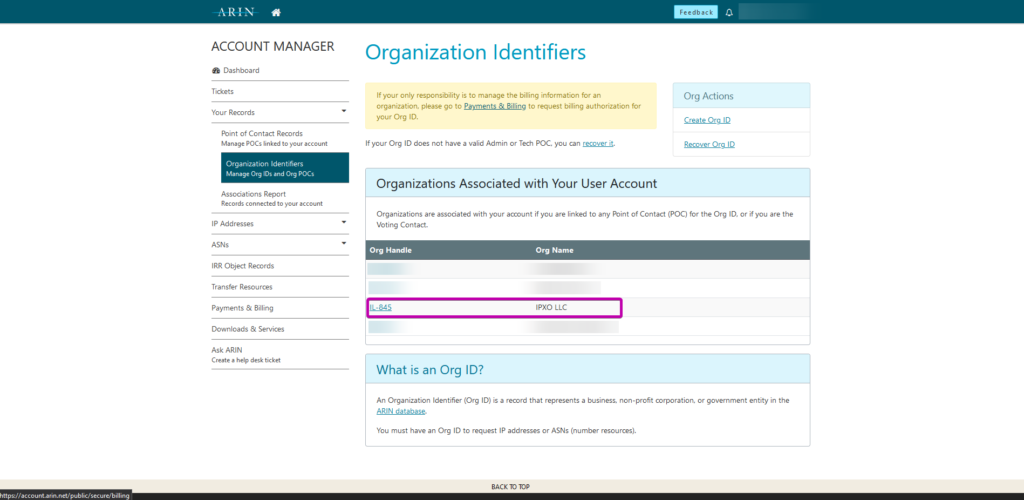Org Handle in ARIN's Organization Identifiers menu.