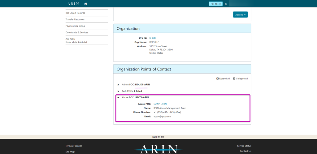 Abuse POC information highlighted in ARIN's Organization Points of Contact menu.