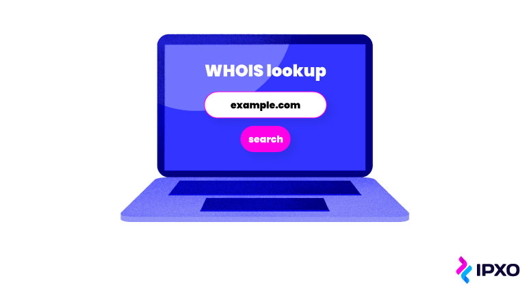 WHOIS Lookup tool and a search engine on a laptop.