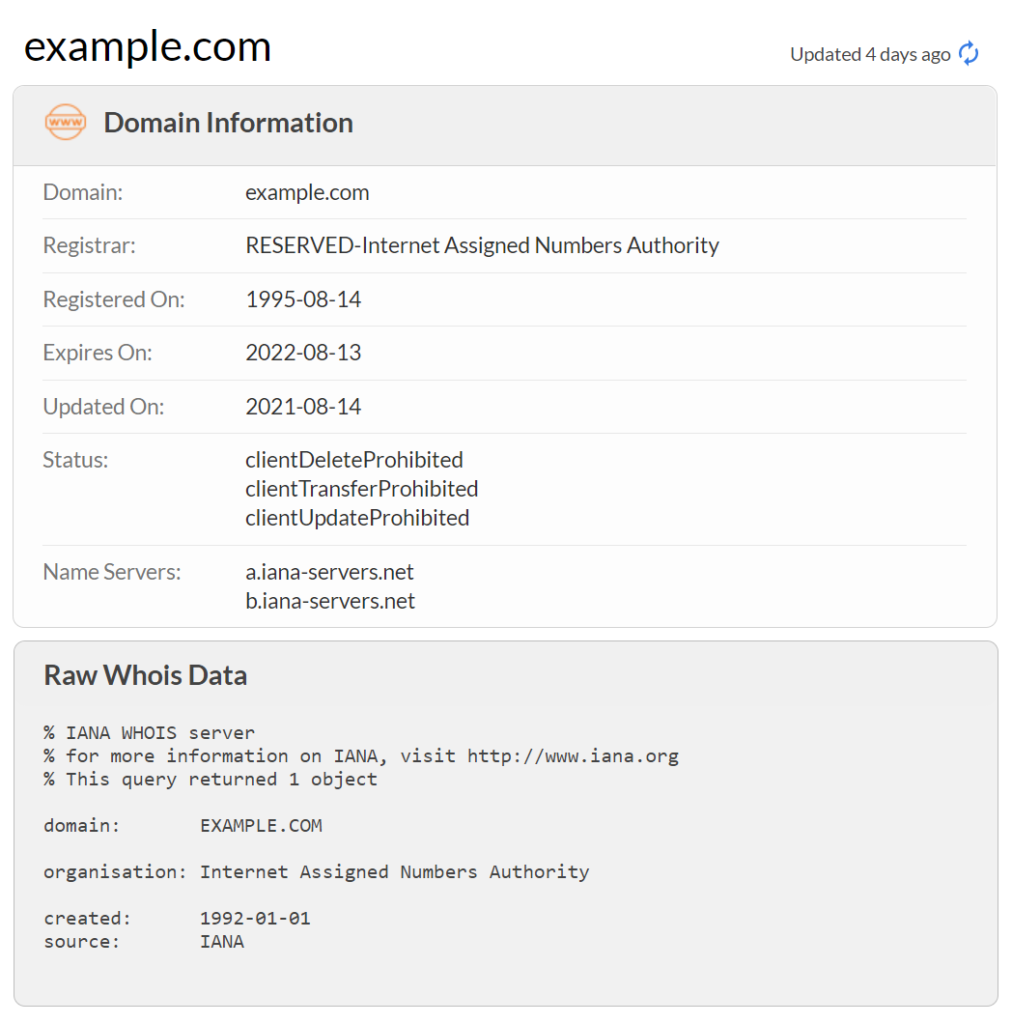 Domain information and Raw Whois Data of example.com.