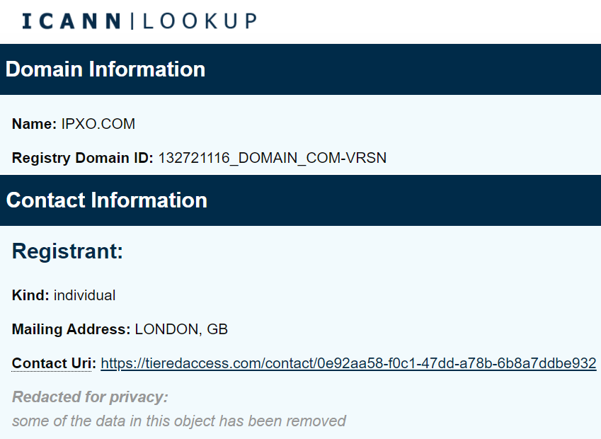 Example of how Redacted for privacy information looks on the ICANN Lookup.