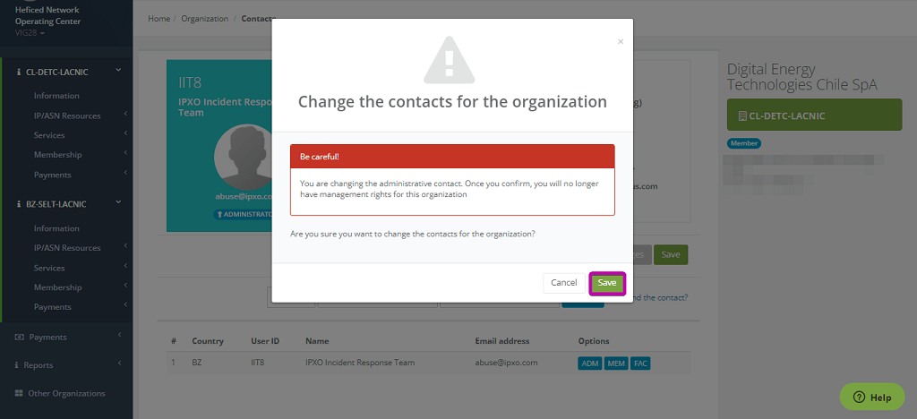 Change the contacts for the organization warning message in LACNIC portal.
