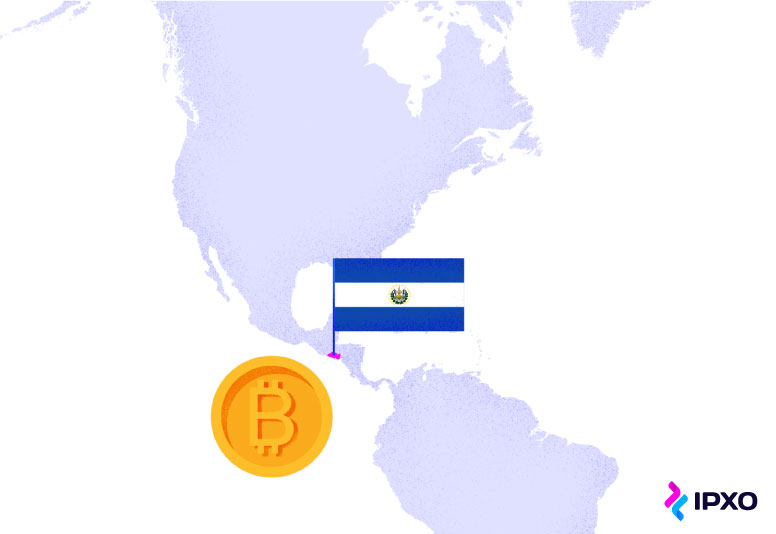 El Salvador on the world map with a Bitcoin icon next to the country's flag.