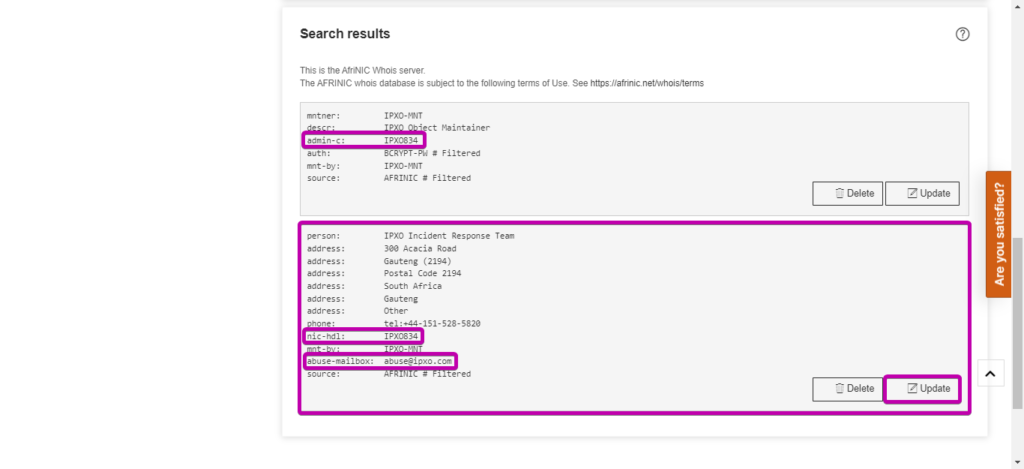 Admin-c, nic-hdl and abuse-mailbox fields highlighted in AFRINIC search.