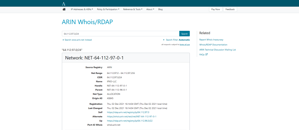 Whois search results example in the ARIN Whois/RDAP menu.