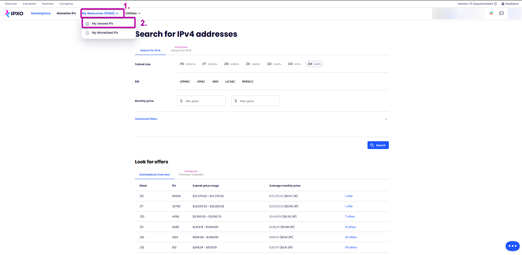 My Leased IPs menu in IPXO Portal's My Resources menu.