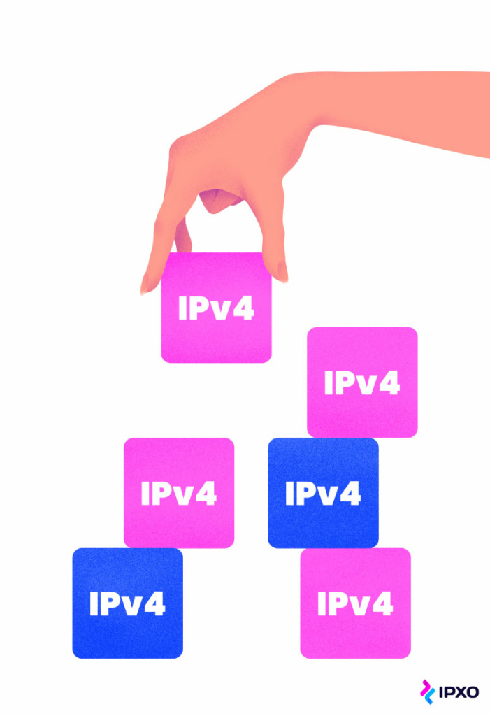 Two piles of blocks representing IPv4 addresses and a hand moving them.