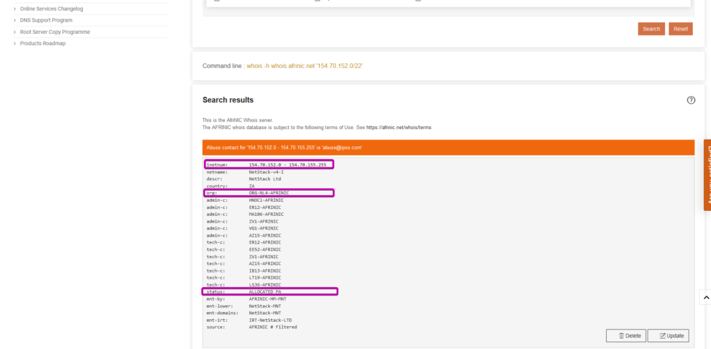 Whois search results provided by the AFRINIC search tool.