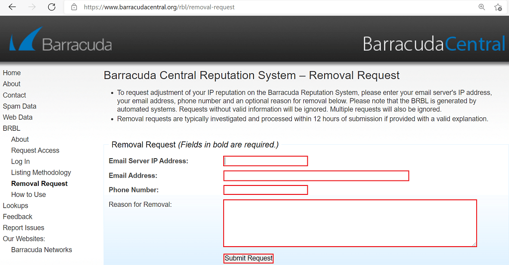 Screenshot of the Barracuda IP removal request form page.